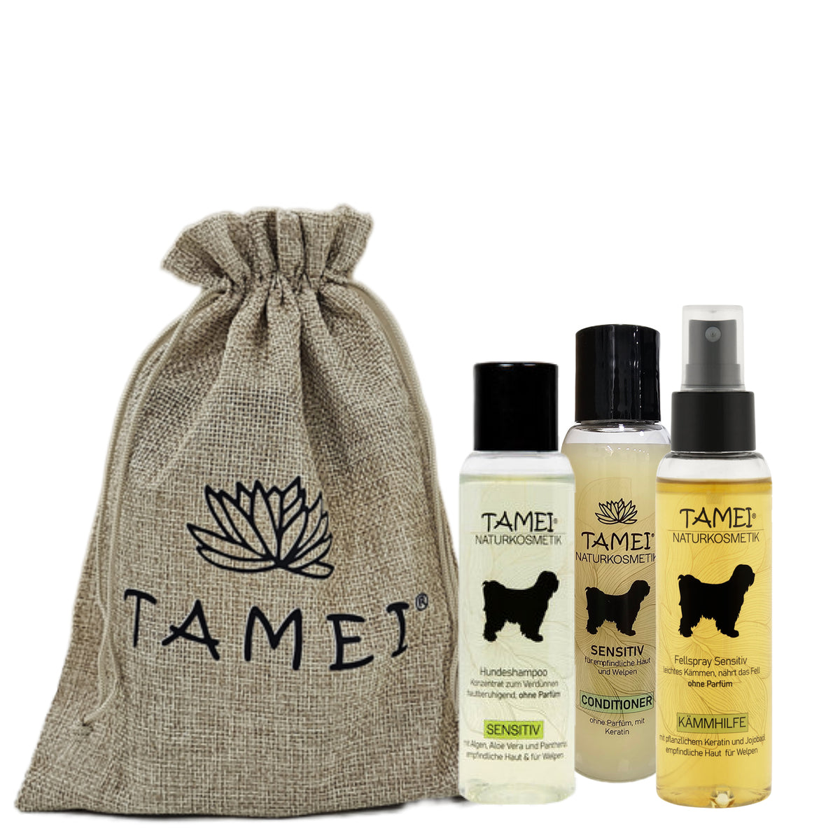 Pflegeset Sensitiv im Jutebeutel- Shampoo, Conditioner& Fellspray
